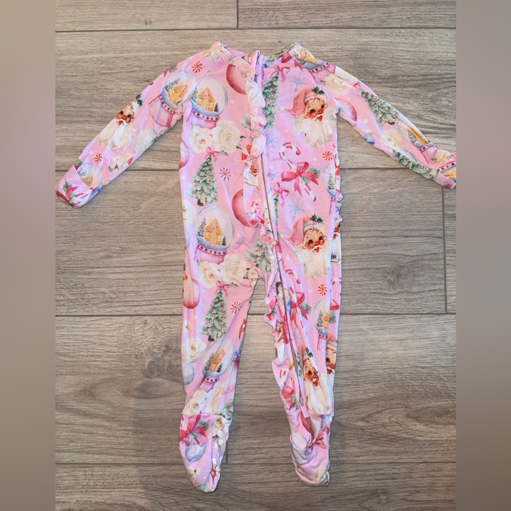 BUMS AND ROSES Merry Little Pinkmas Santa Claus Christmas Ruffle Sleeper Onesie